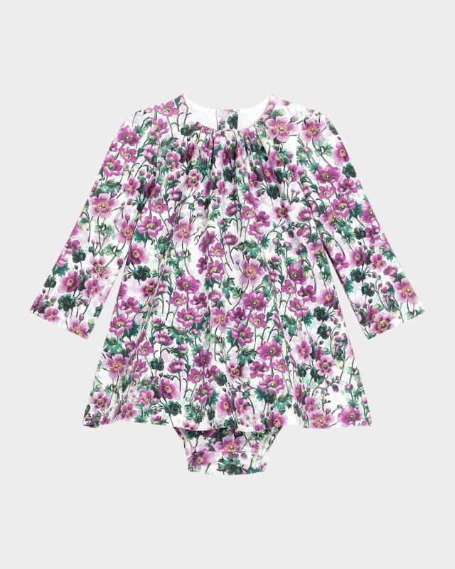 Girl's Long-Sleeve Floral-Print Dress & Bloomers Set, Size 3M-30